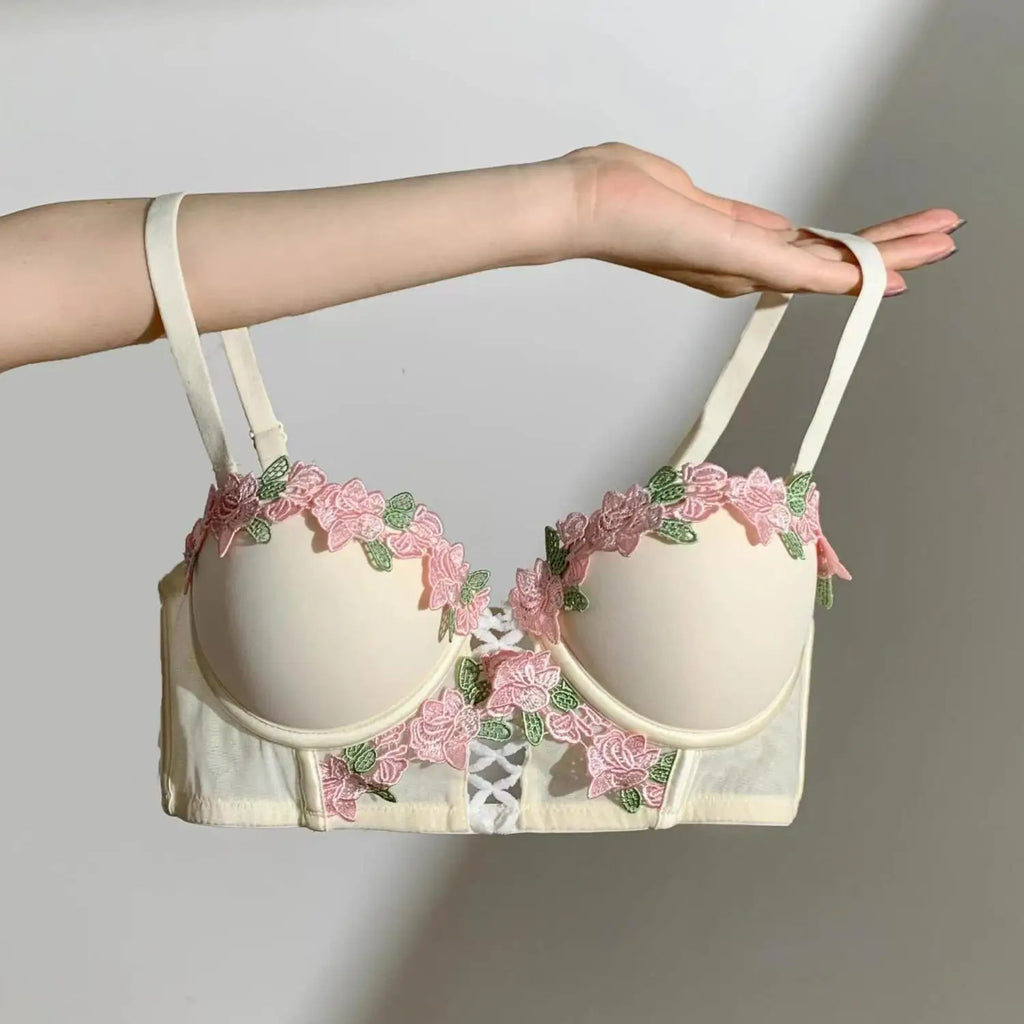 New French Retro Sexy Lace Sweet Floral Embroidery Bra Push-up Bra
