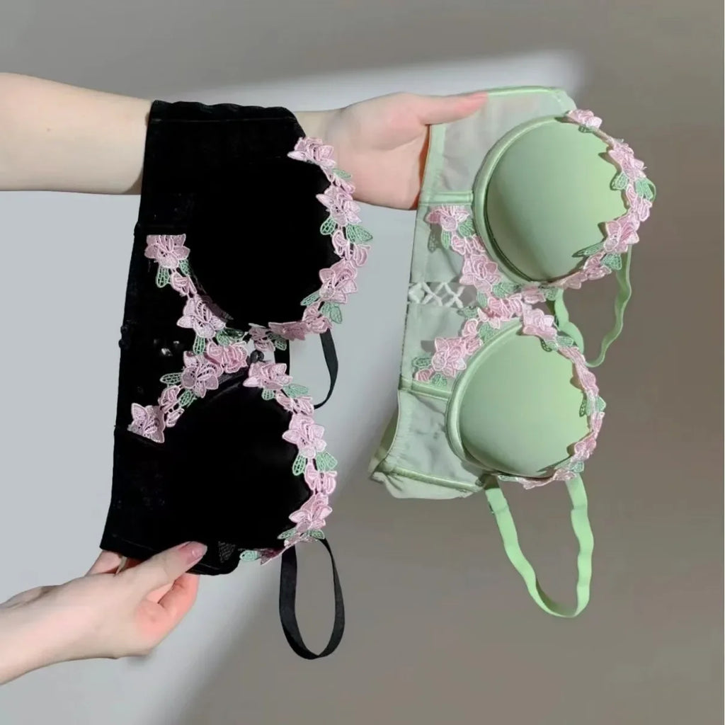 New French Retro Sexy Lace Sweet Floral Embroidery Bra Push-up Bra